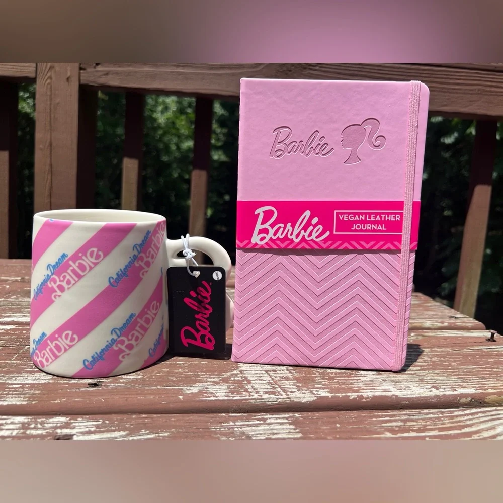 Barbie Pink Lot Mattel Collectors Cup Ceramic 2loz Mug, Vegan Leather Journal